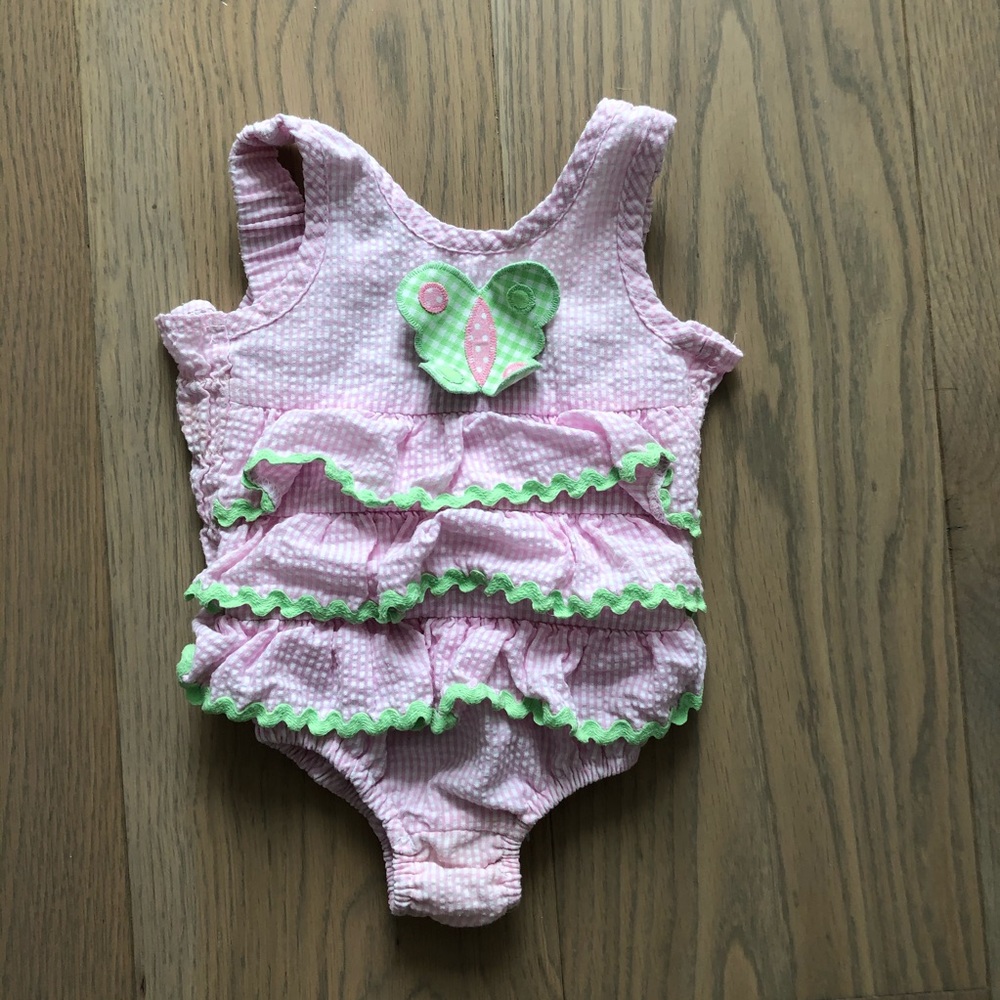 Pink seersucker butterfly bathing suit